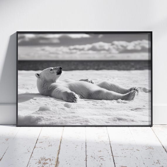 Polar Bear Relaxing Print, Monochrome Decor