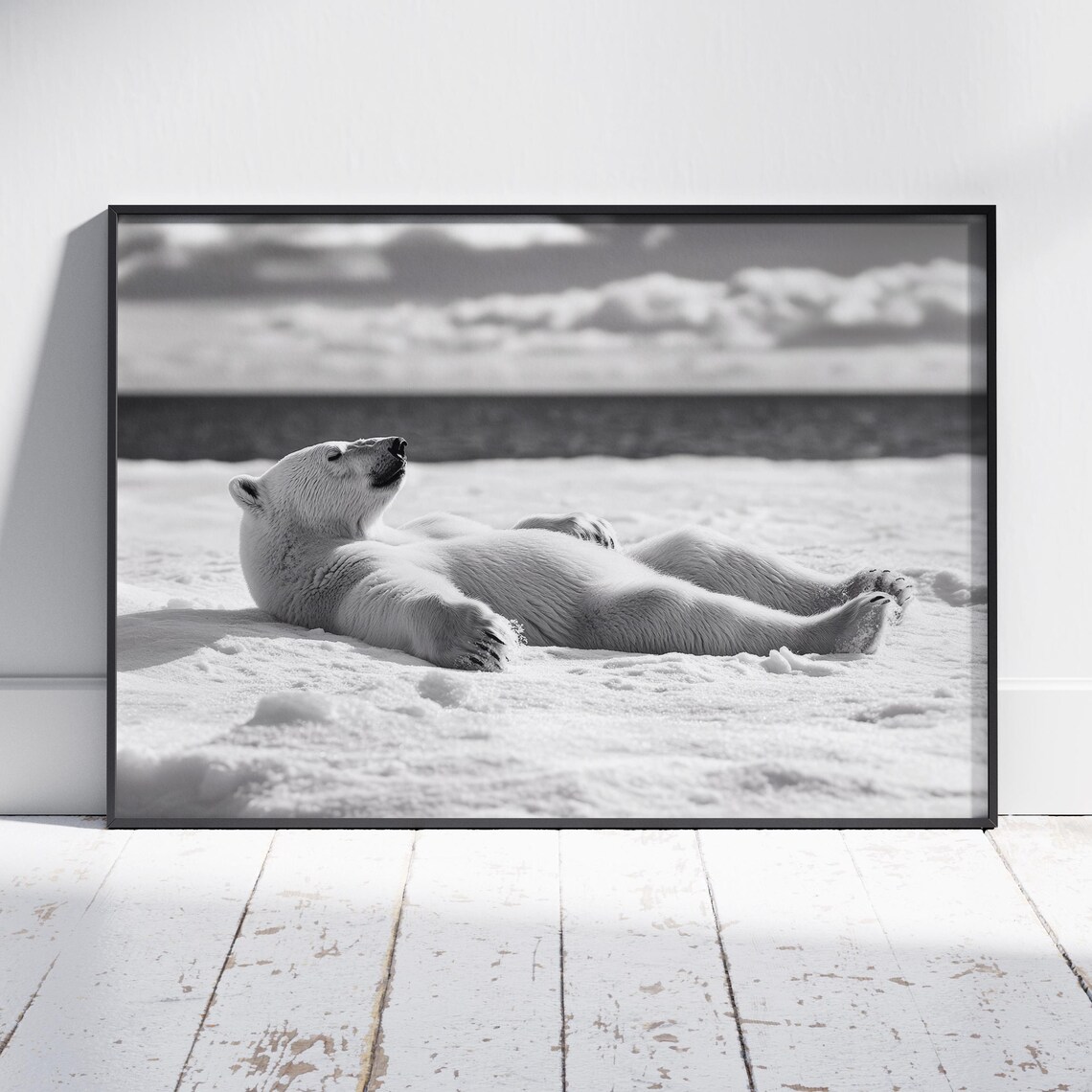 Polar Bear Relaxing Print, Monochrome Decor