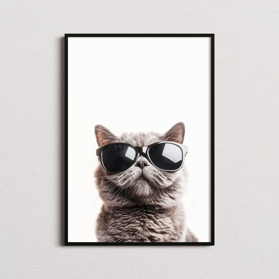 British Shorthair Cat Wearing Black Sunglasses Minimalist Poster