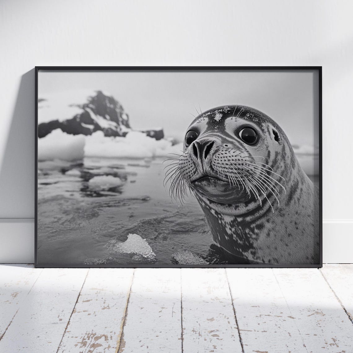 Cheeky Seal Pup In Arctic Water Black And White Photo Poster