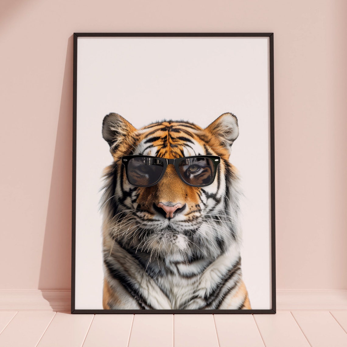 Tiger Wearing Black Sunglasses Bold Minimalist White Photo Poster - Image 3