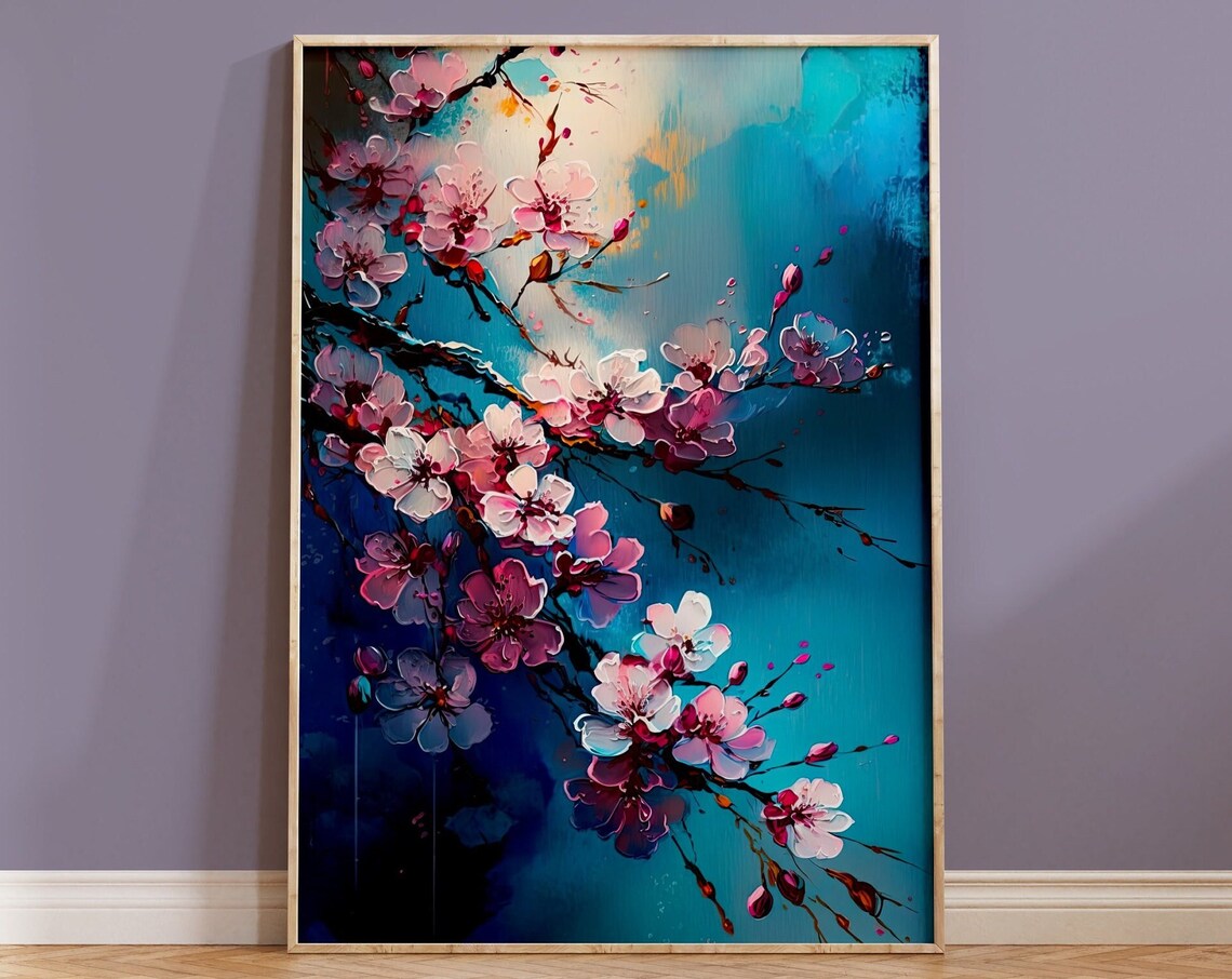 Cherry Blossom Branch Pink Sakura Blue Abstract Floral Art Print