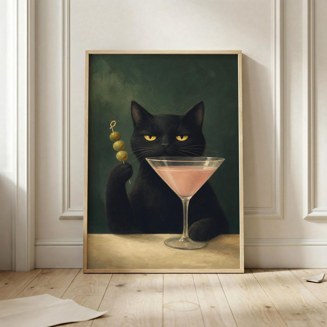 Black Cat Martini Poster Funny Cocktail Moody Wall Art Emerald Green Animal Print