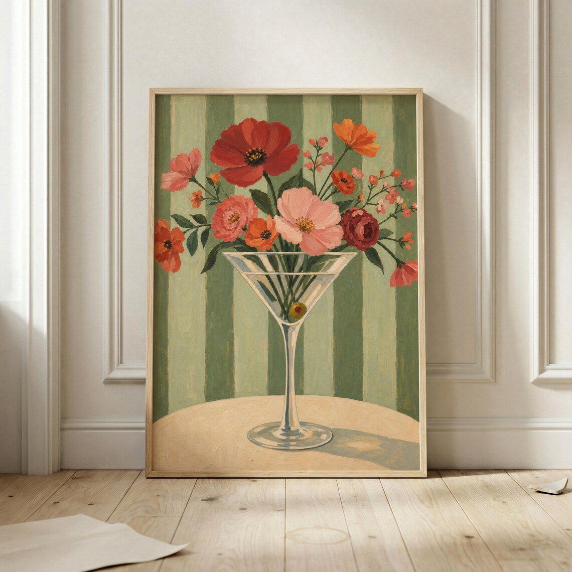 Red Bloom Bouquet In Tall Martini Glass Retro Floral Wall Art