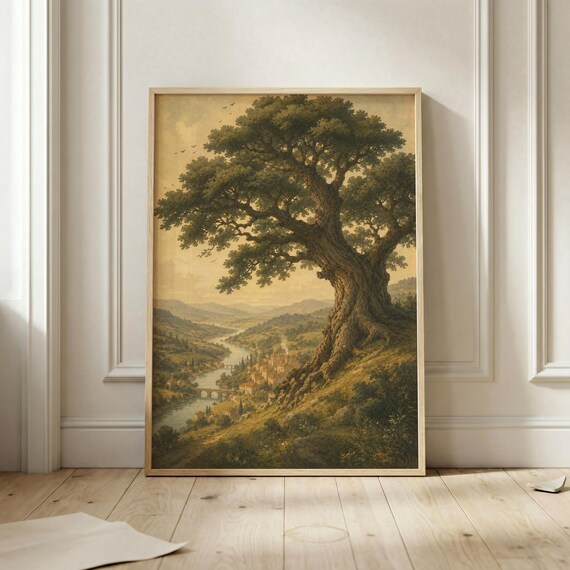 Majestic Ancient Oak Tree Overlooking a River Valley Village Poster