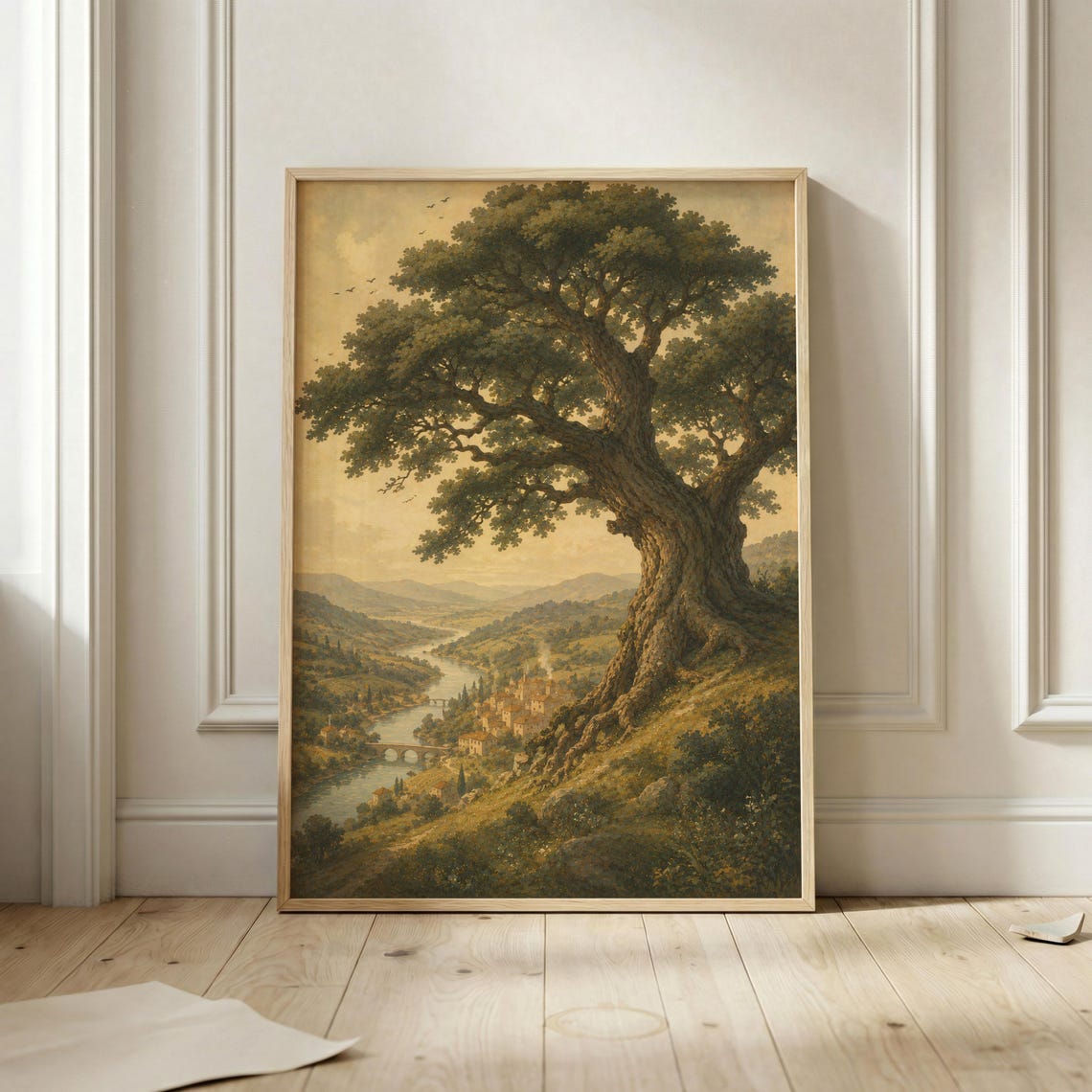 Majestic Ancient Oak Tree Overlooking a River Valley Village Poster