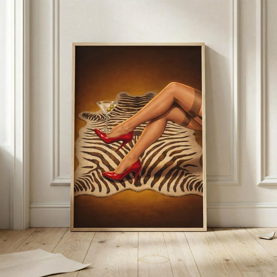 Fashion Wall Art Print Red High Heels Poster Martini Cocktail Decor Zebra Rug Artwork Glam Bedroom