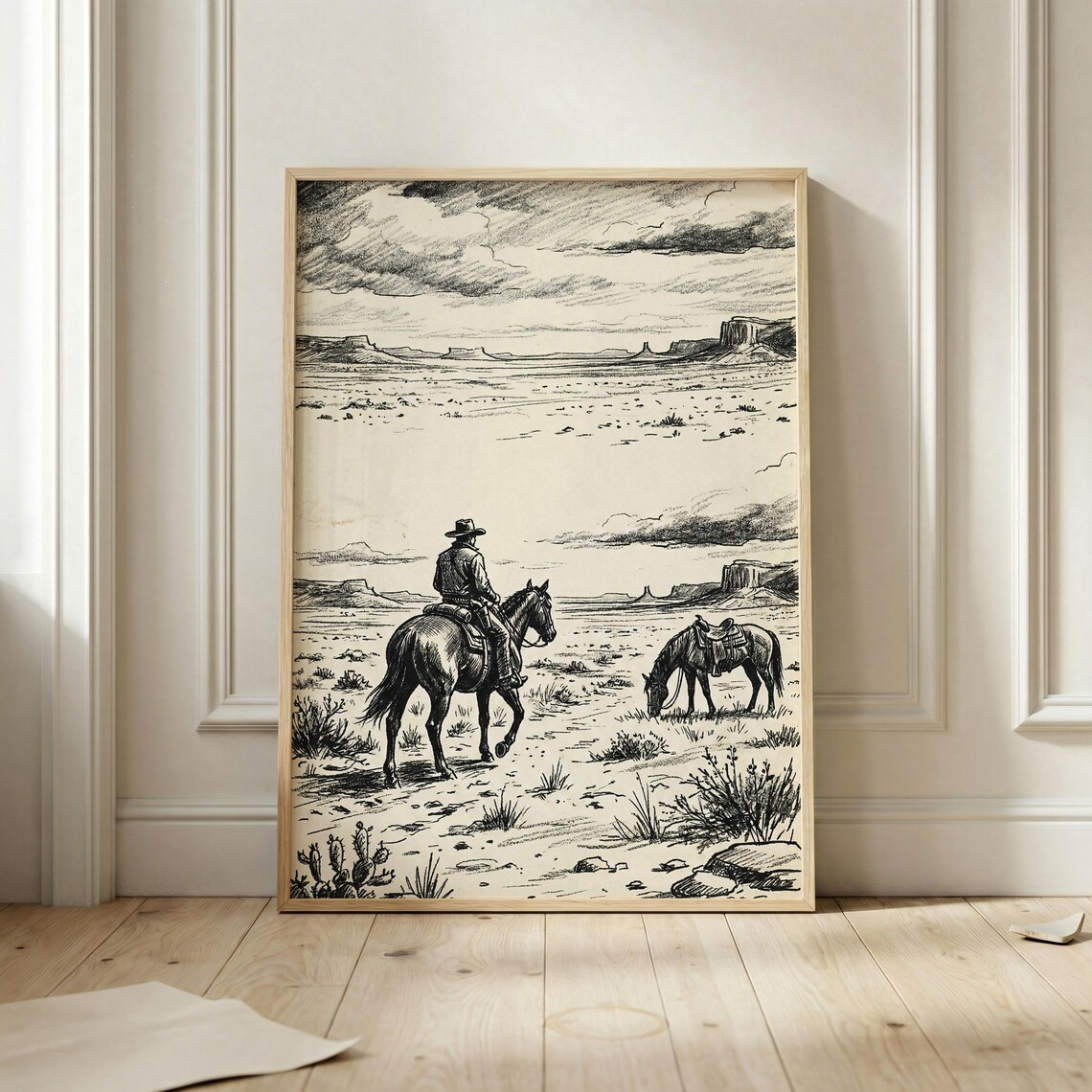 Western Cowboy on Horseback Desert Landscape Ink Sketch Poster