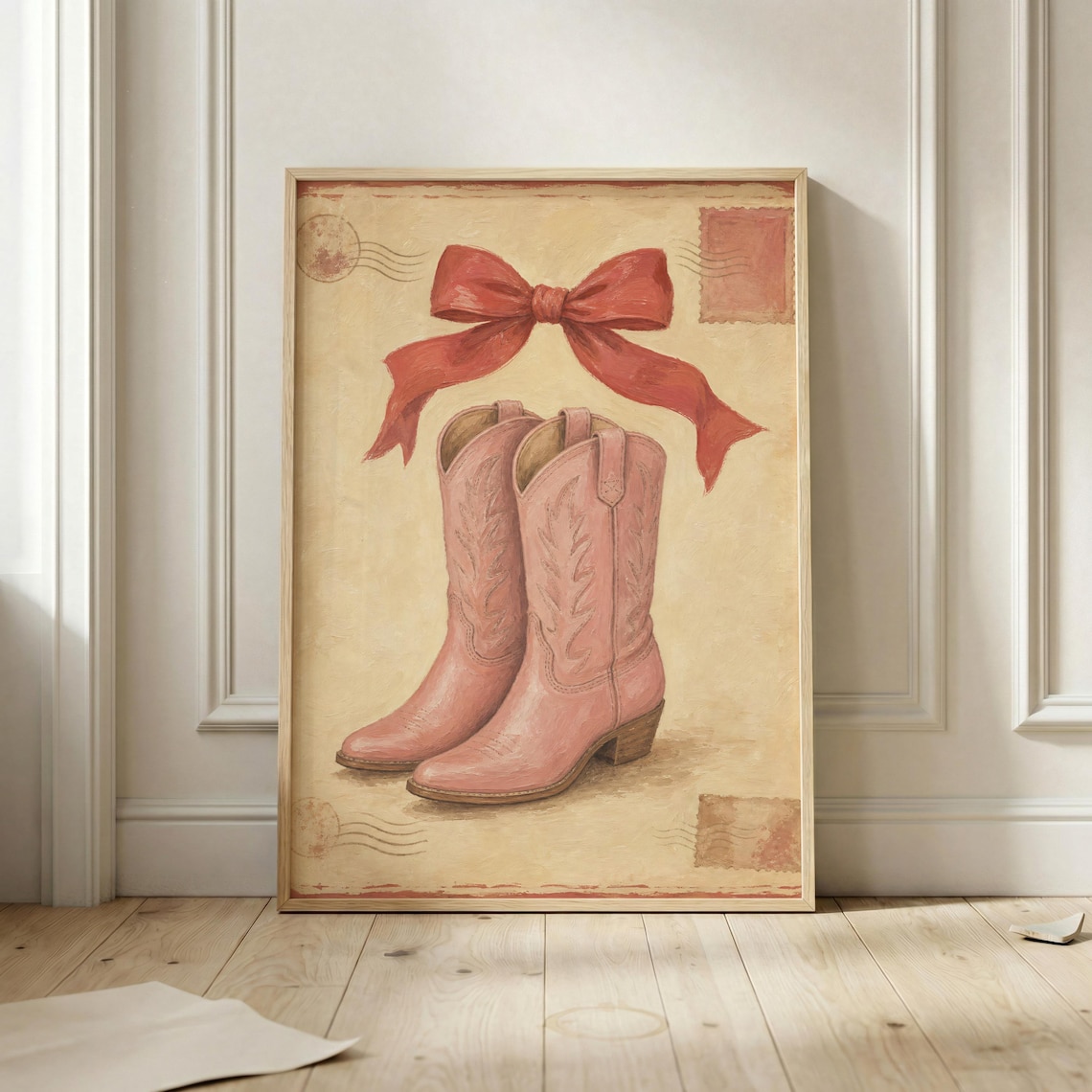 Pink Cowgirl Boots Vintage Western Postcard Decor