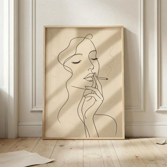 Minimalist Woman Smoking Poster Chic Line Art Wall Print Vintage Noir Feminine Neutral Decor