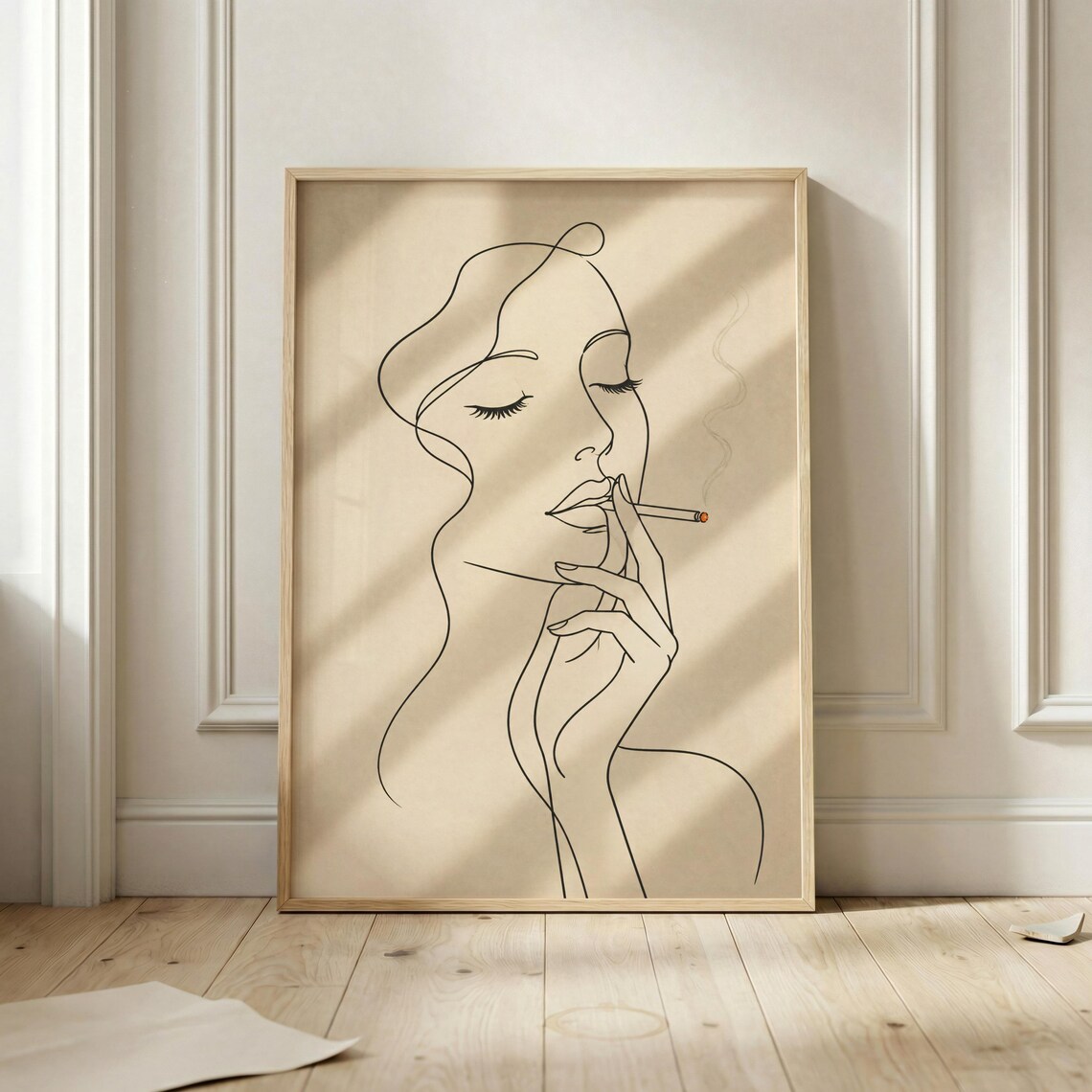 Minimalist Woman Smoking Line Art Chic Noir Feminine Beige Wall Poster