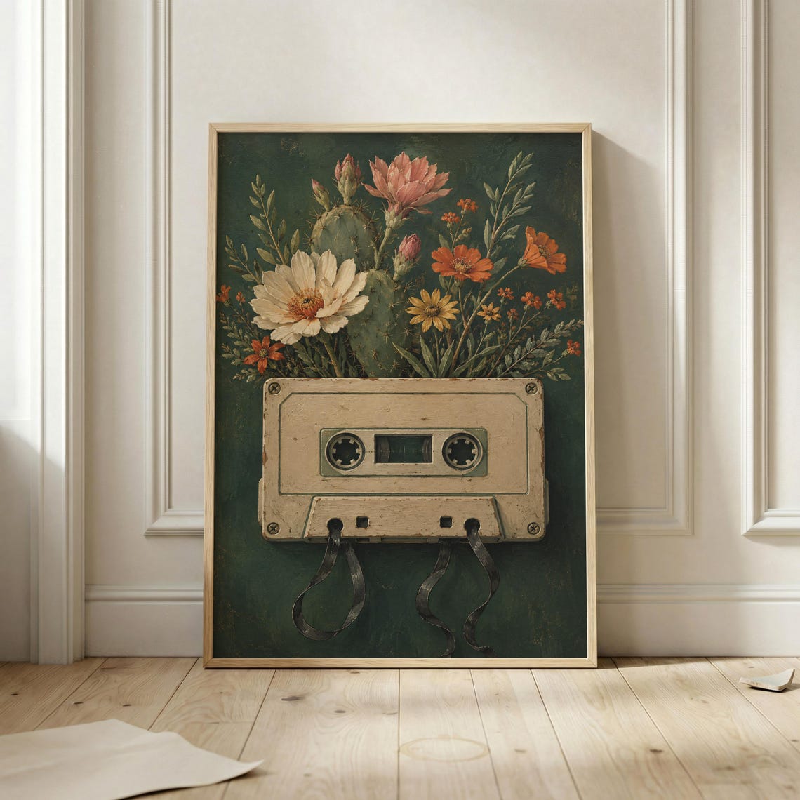 Cassette Tape Planter Cactus Flowers Moody Dark Botanical Poster
