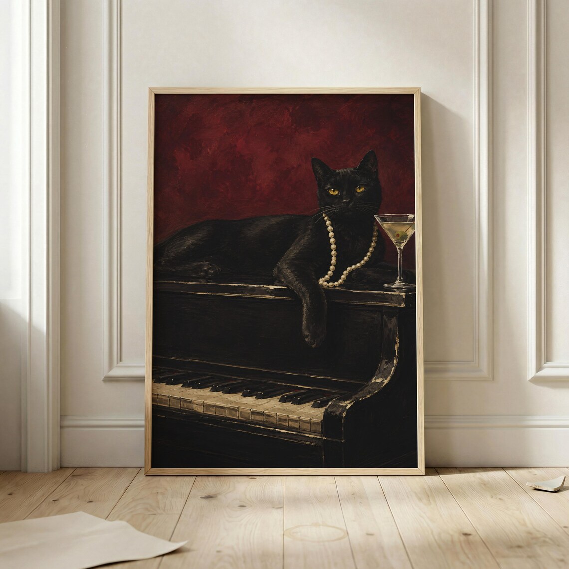 Black Cat Piano Pearl Necklace Martini Moody Vintage Bar Art Poster