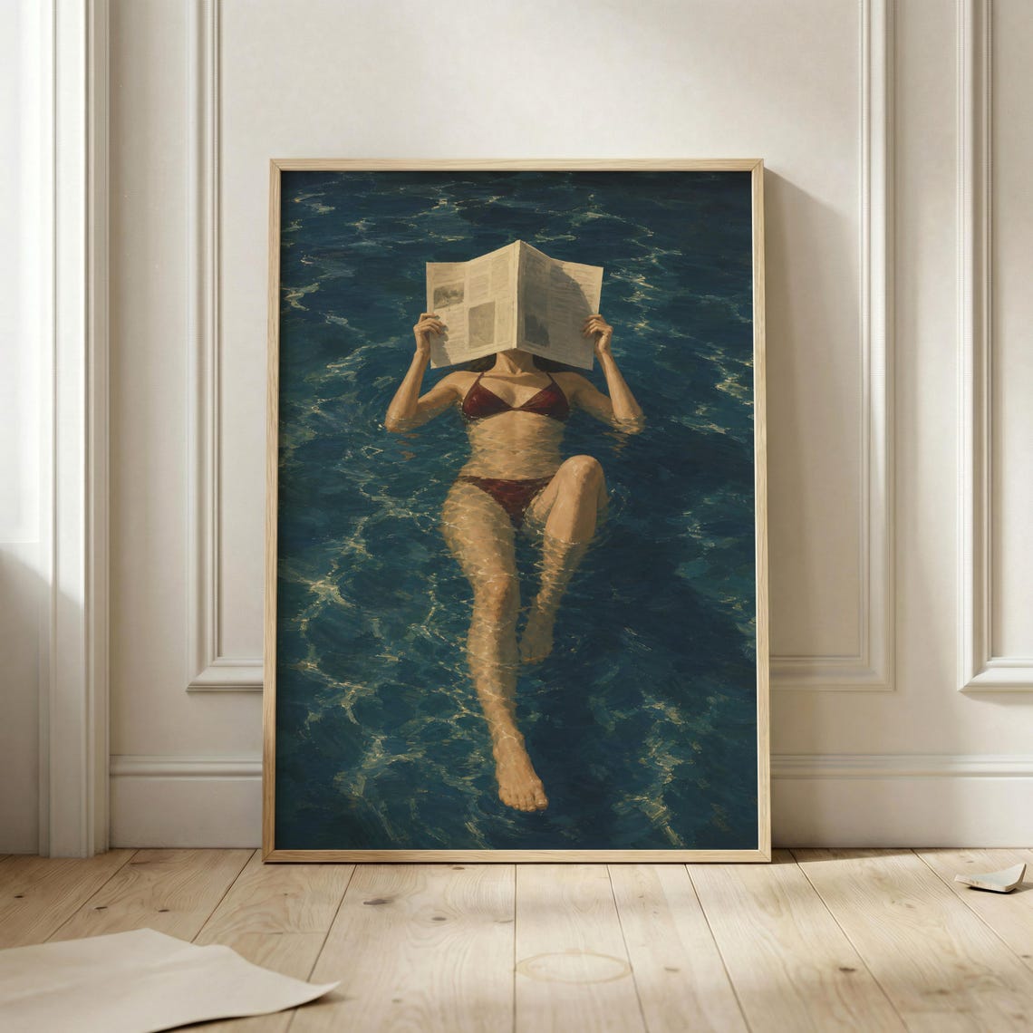 Woman Reading Newspaper Floating Pool Retro Summer Swimmer Poster