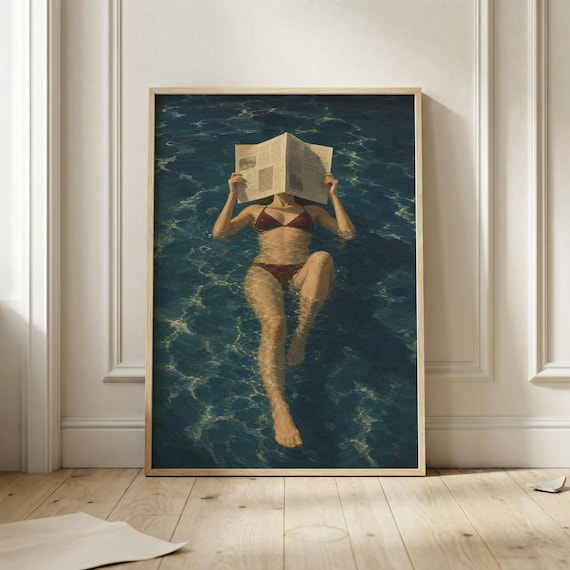 Woman Reading Newspaper Floating Pool Retro Summer Swimmer Poster