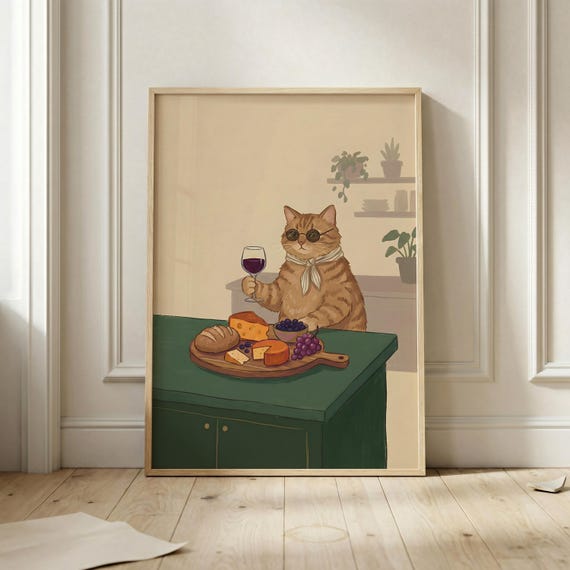 Cat Wine And Cheese Poster Funny Wall Art Print Whimsical Kitchen Decor Cottagecore Foodie