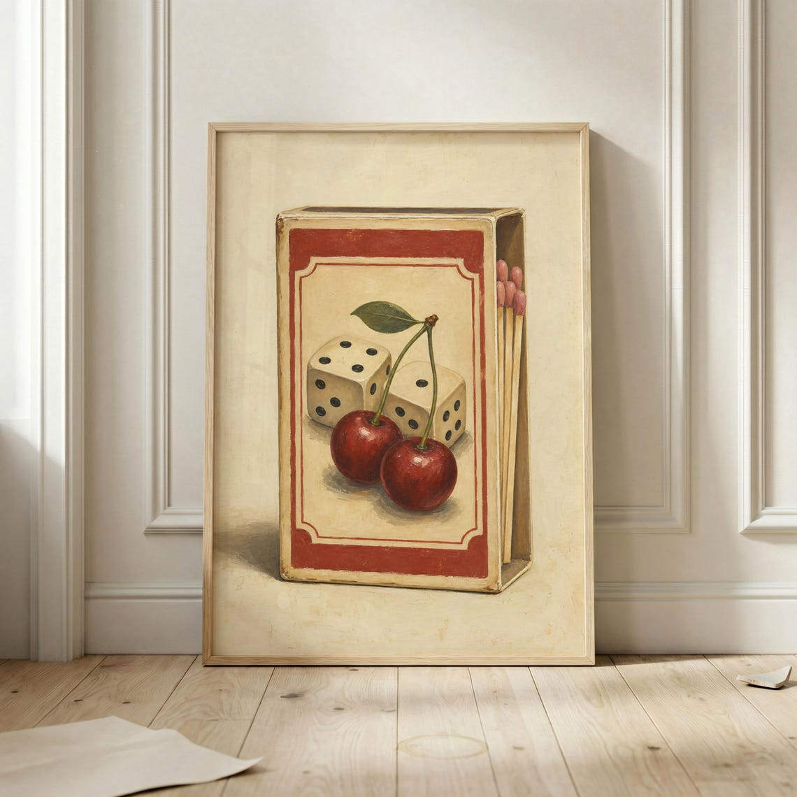 Vintage Matchbox Dice Cherry Painting Retro Lucky Casino Wall Art