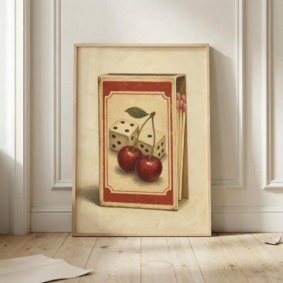 Cherry Dice Matchbox Poster Retro Casino Wall Art Vintage Lucky Charm Print Red Cream Game Room Decor Eclectic Playful Kitchen Artwork