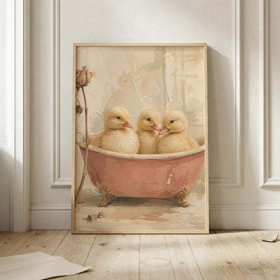 Ducklings In Bathtub Wall Art Print Vintage Cottagecore Nursery Poster Cute Baby Duck Decor Farm Animal Soft Romantic