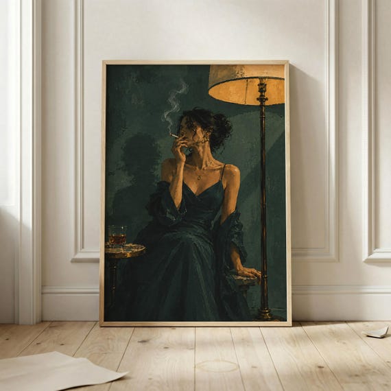 Moody Woman Portrait Wall Art Vintage Smoking Lady Print Dark Feminine Artwork Noir Aesthetic Poster Elegant Painting Lounge