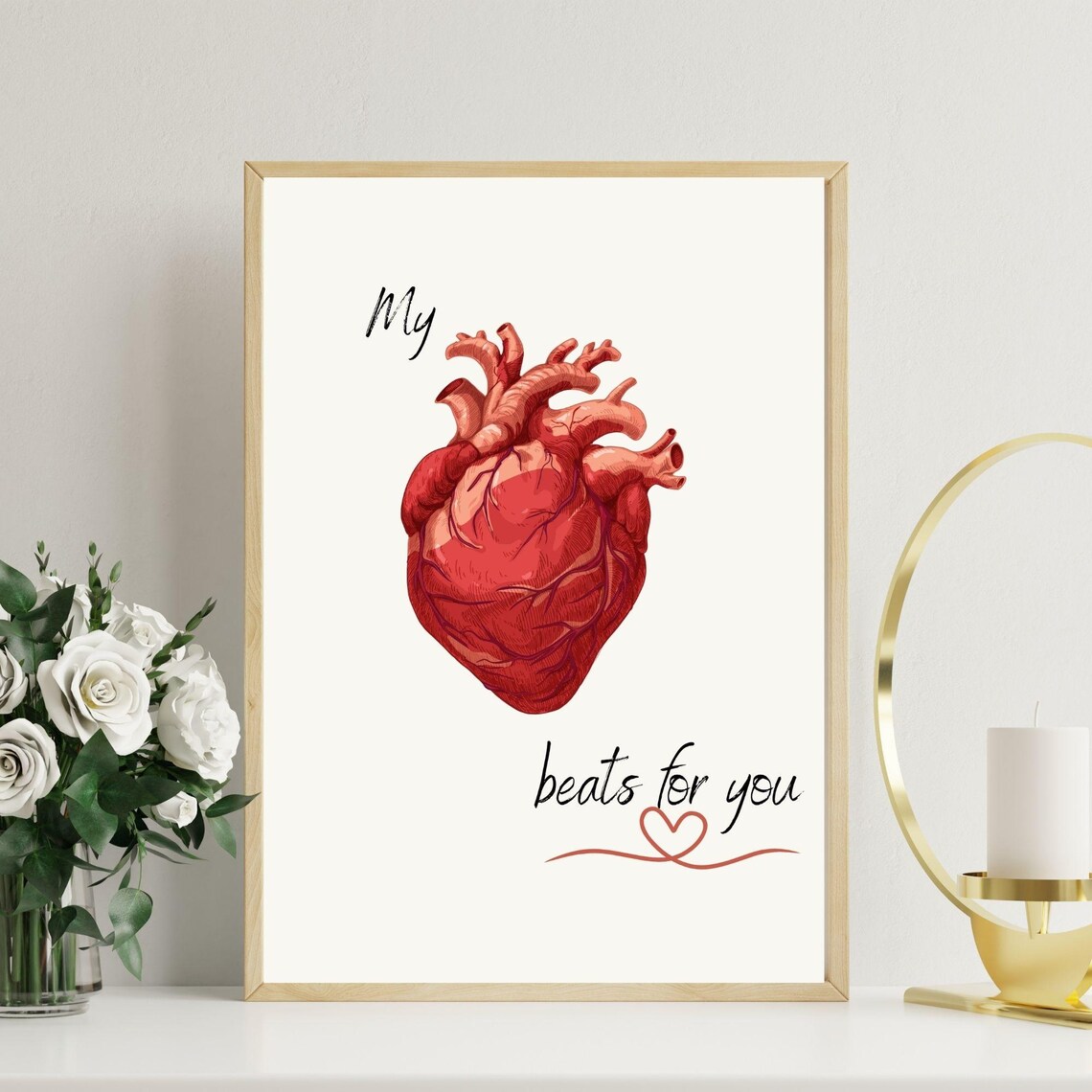 My Heart Beats For You Anatomical Red Heart Romantic Quote Poster - Image 2