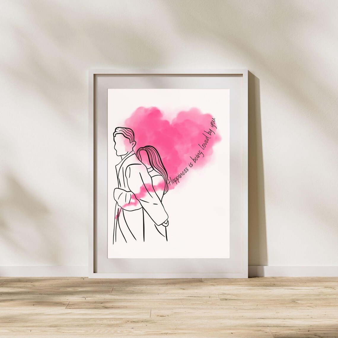 Happiness Is Being Loved By You Couple Line Art Pink Heart Wall Poster - Image 7