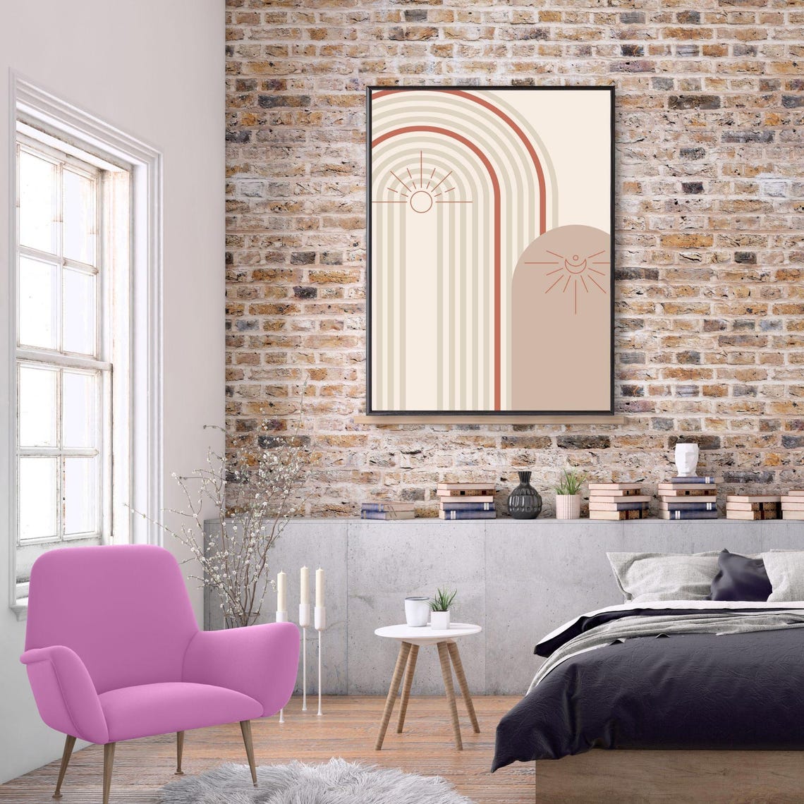 Terracotta Rainbow Arches Sun Line Art Boho Abstract Wall Poster - Image 2