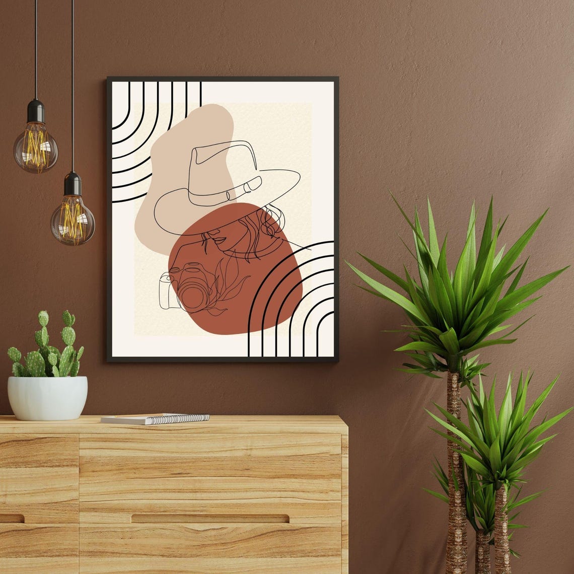 Boho Woman With Hat And Camera Line Art Abstract Wall Poster - Image 7