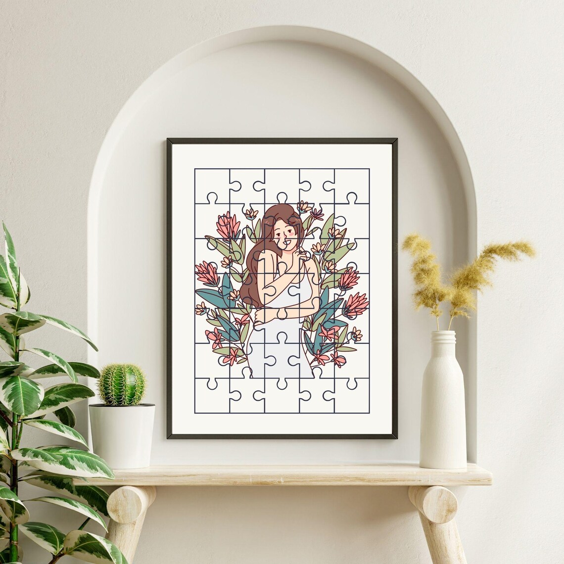 Floral Puzzle Woman Tropical Blooms Botanical Line Art Wall Poster - Image 3
