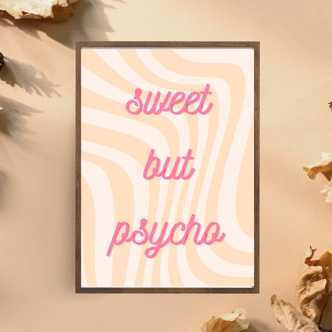 Sweet But Psycho Pink Retro Script Wavy Stripes Quote Wall Poster - Image 6