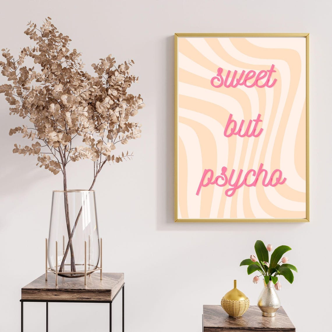 Sweet But Psycho Pink Retro Script Wavy Stripes Quote Wall Poster