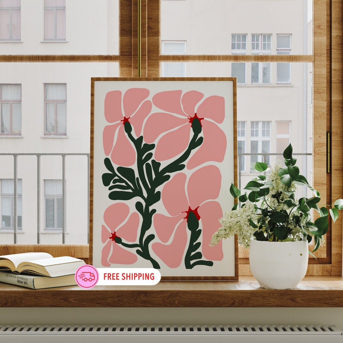 Pink Abstract Flowers Dark Green Stems Modern Botanical Art Poster