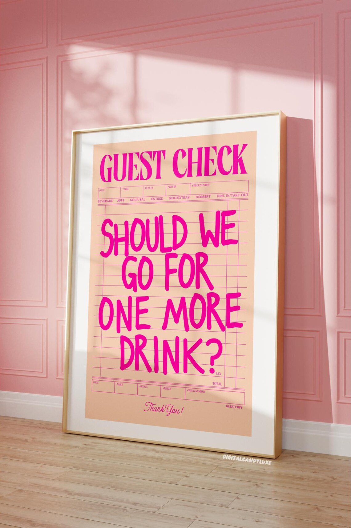 Guest Check Pink And Orange Art Print, Bar Cart Decor