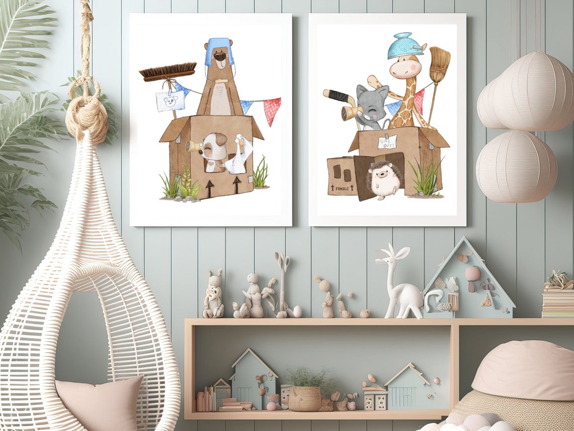 Bear In Cardboard Box With Puppy And Duck Play Watercolor Poster - Image 4