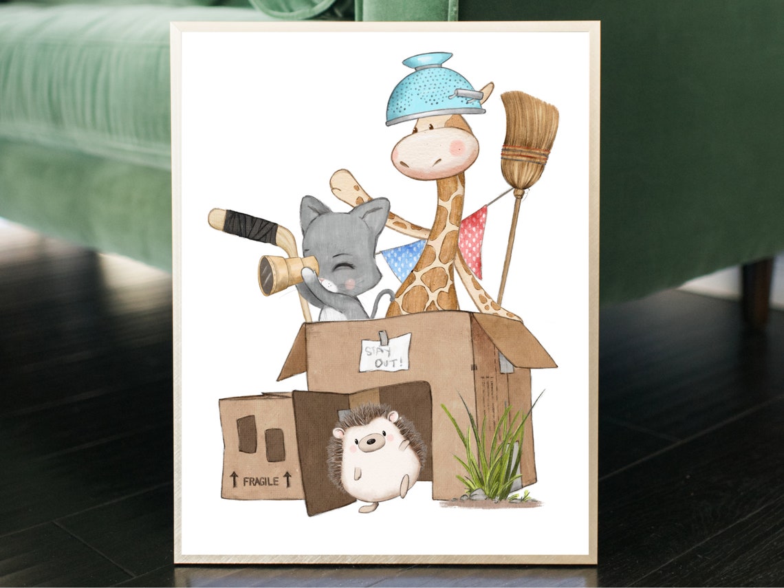 Giraffe And Kitten Building Cardboard Box Fort Watercolor Poster - Image 2