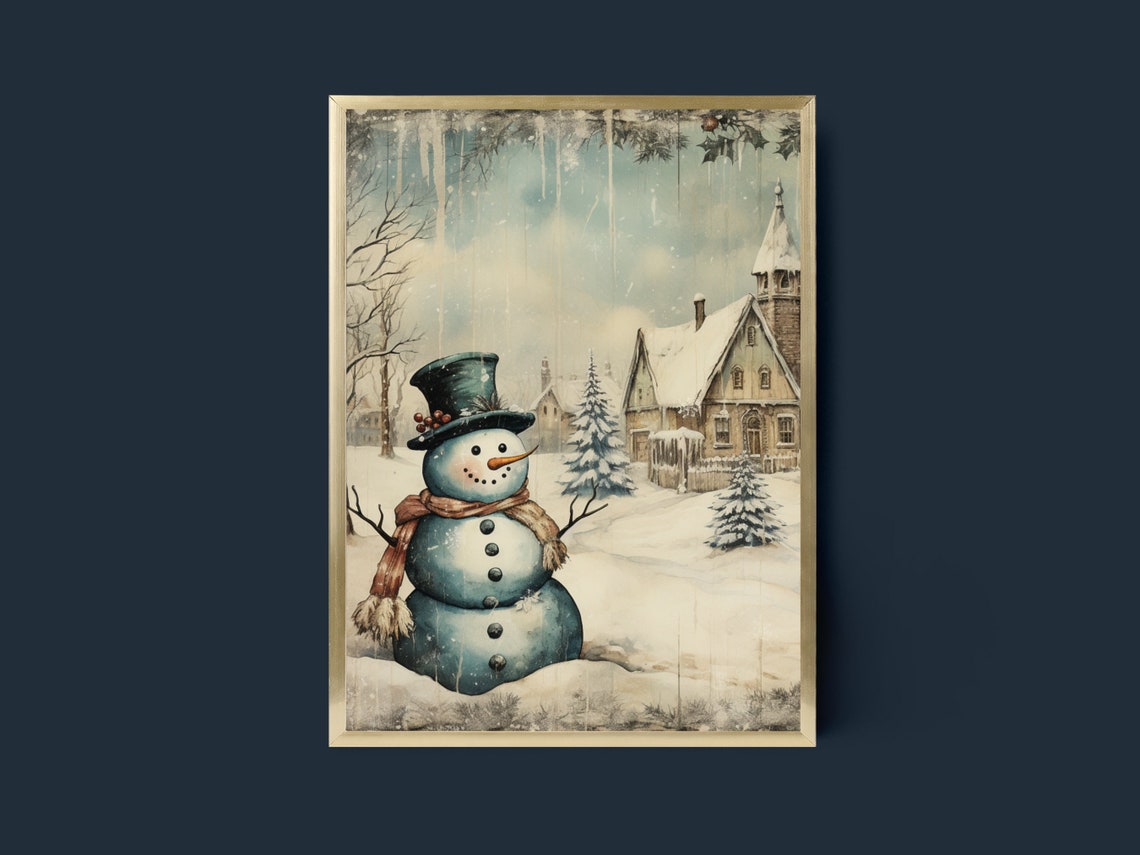 Vintage Snowman in a Snowy Village Winter Wonderland Christmas Poster - Image 2