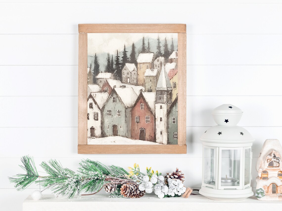 Snowy Winter Town Print Christmas Village Art Print Scandinavian Holiday Decor Winter Nursery Art Living Room Cityscape Decor - Image 3