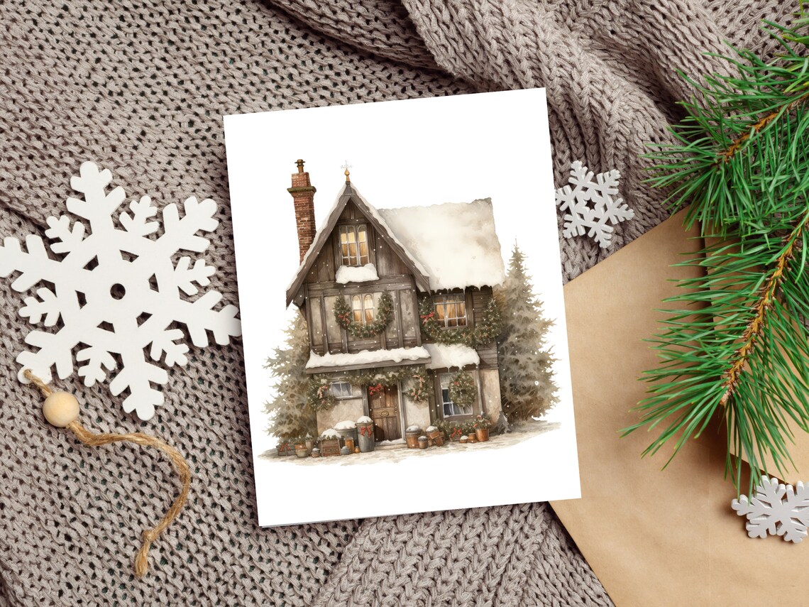 Snowy Rustic Christmas House With Wreaths Watercolor Art Poster - Image 4