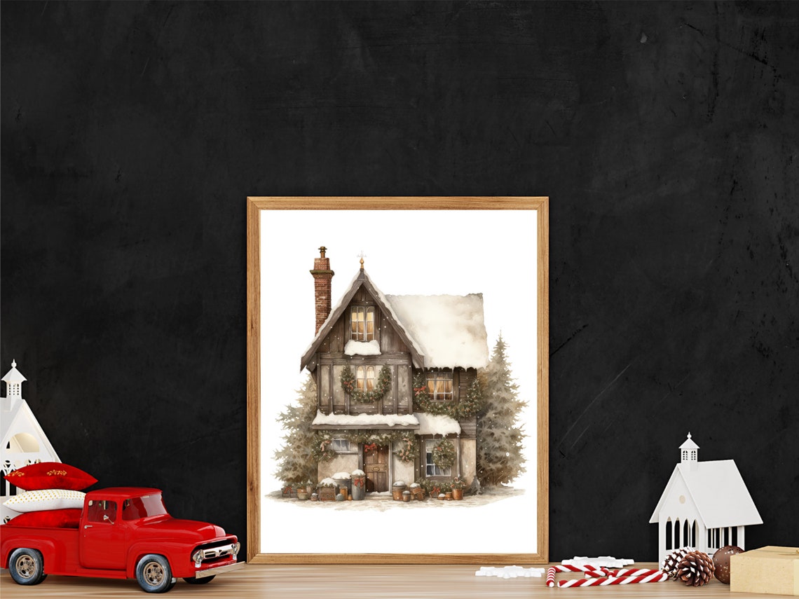 Snowy Rustic Christmas House With Wreaths Watercolor Art Poster - Image 3