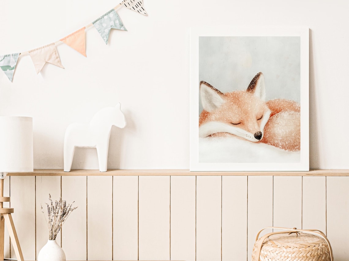 Sleeping Red Fox Watercolor Poster Cozy Winter Nursery Woodland Decor - Image 3