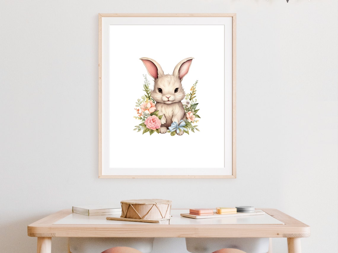 Easter Bunny Art Cute Bunny Nursery Decor Easter Spring Time Bunny Decor For Kids Room Girls Room Animal Art - Image 2
