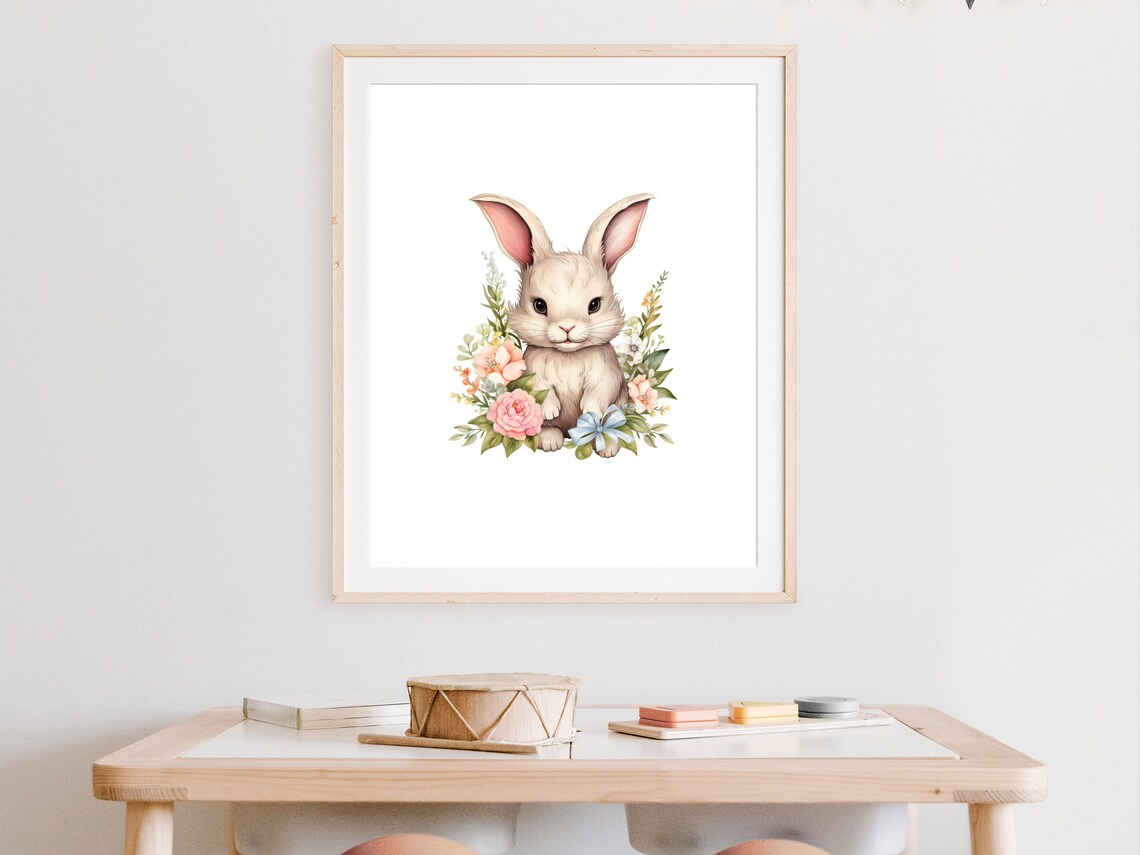White Bunny With Pink Flowers And Blue Bow Watercolor Nursery Poster - Image 2