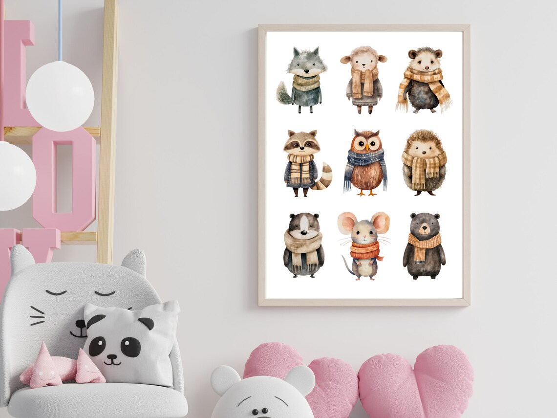 Woodland Animals in Winter Scarves Watercolor Nursery Poster - Image 4