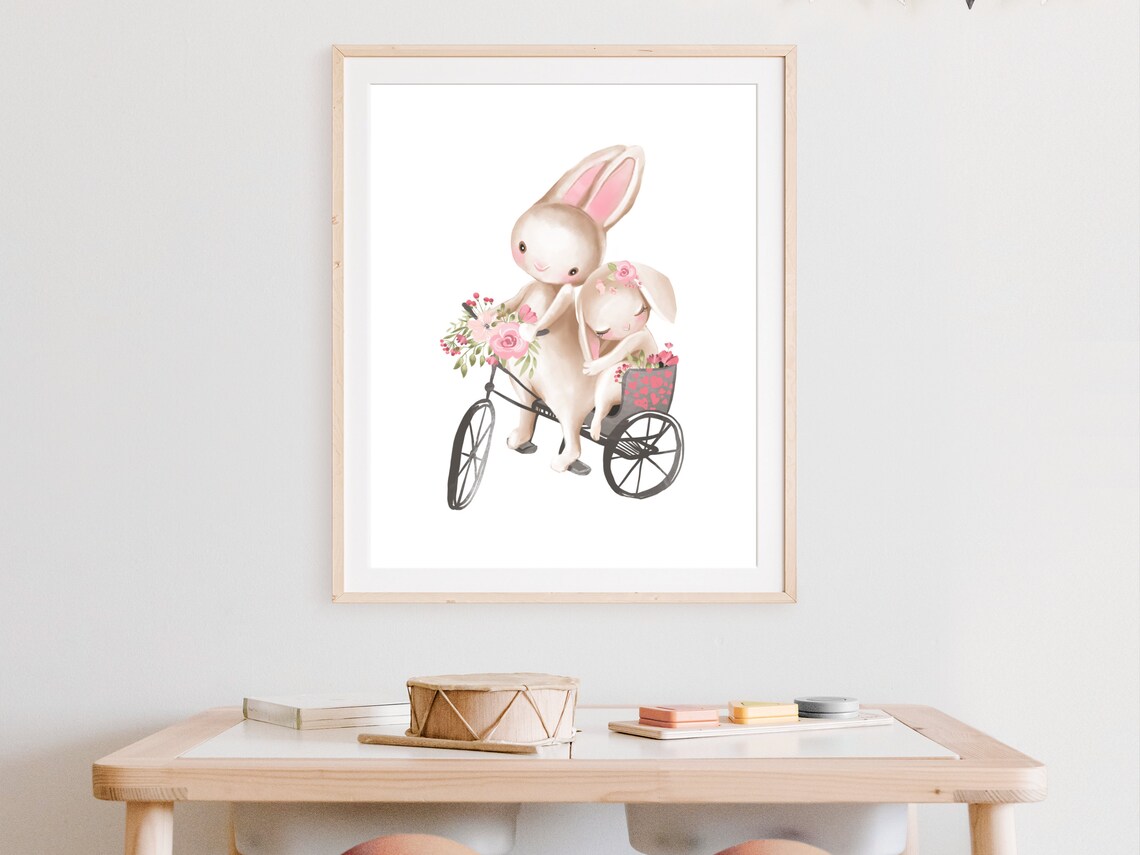 Mama And Baby Bunny Flower Tricycle Ride Watercolor Nursery Poster - Image 2