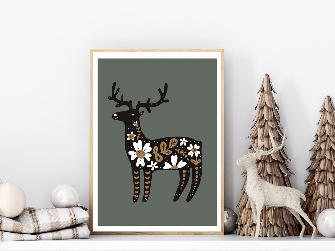 Floral Deer Silhouette Scandinavian Folk Art Woodland Poster - Image 2