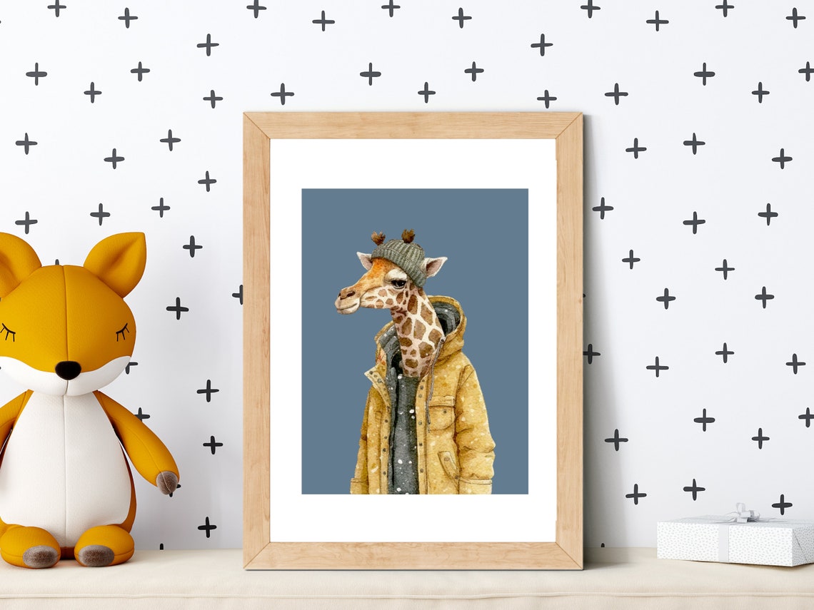 Cool Giraffe in a Yellow Jacket Funny Kids Room Animal Poster - Image 3