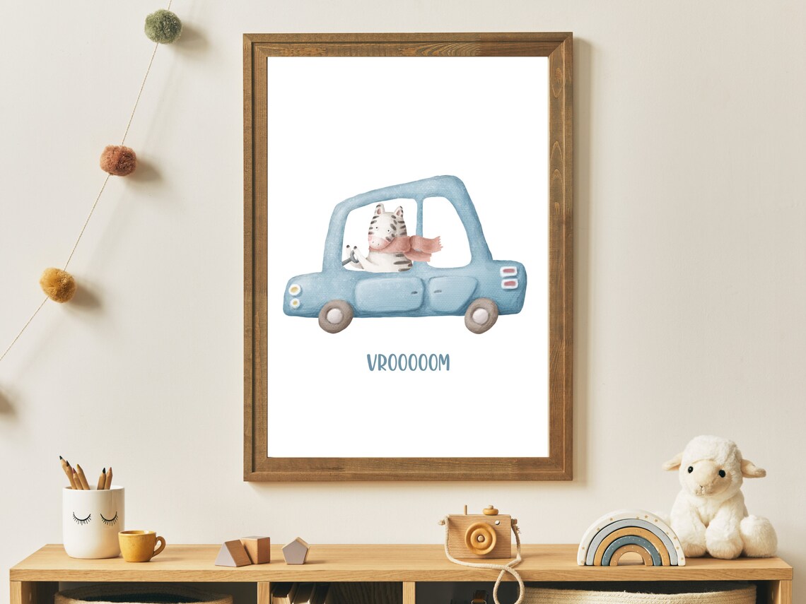 Zebra Driving Blue Car Vroooom Watercolor Kids Nursery Poster - Image 4