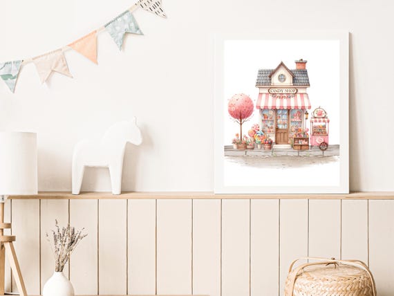 Candy Shop Nursery Print Sweet Shop Cute Girls Room Decor Dessert Playroom Wall Art Pink Watercolour Store Storefront Art