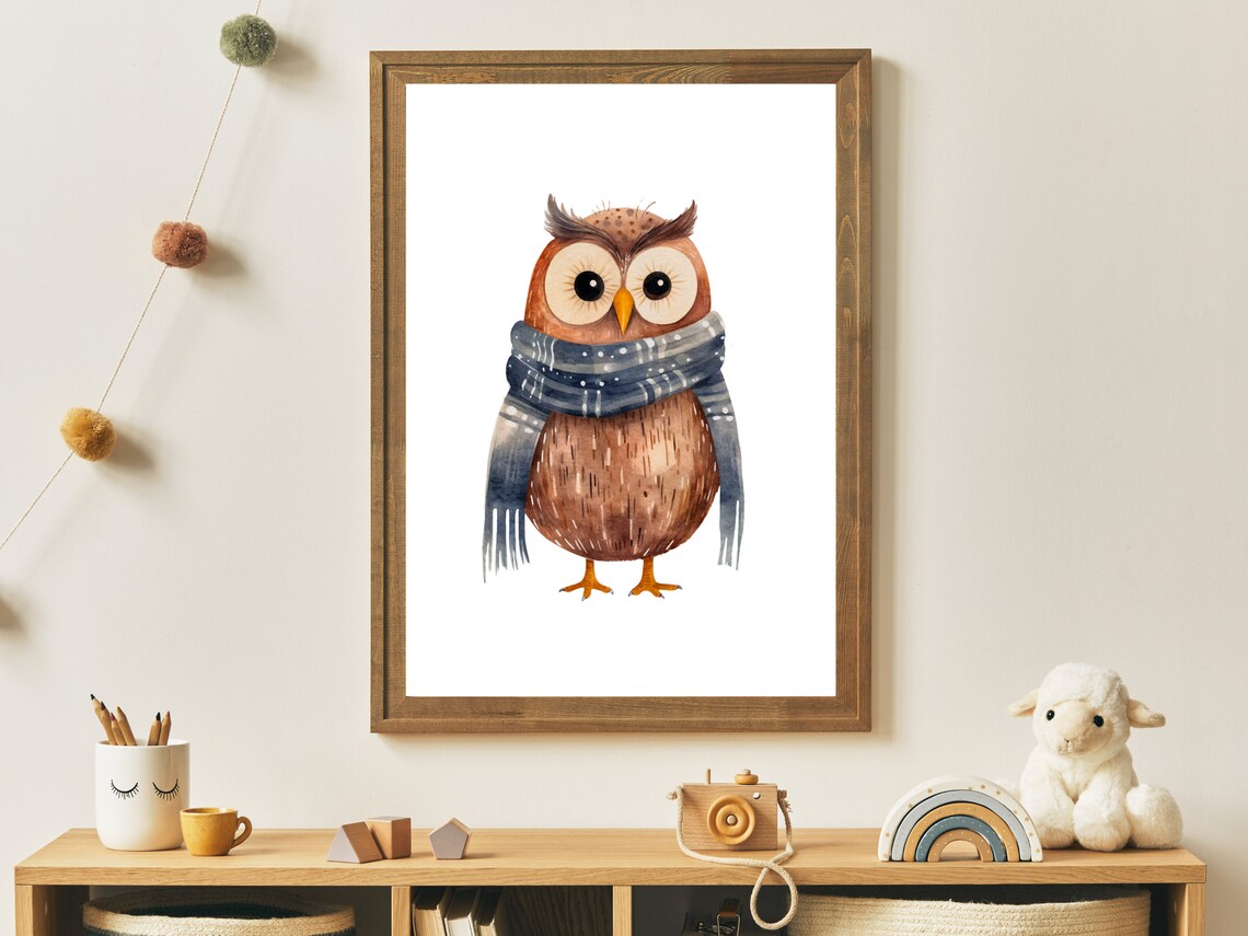 Cute Brown Owl Wearing Blue Scarf Watercolor Winter Nursery Poster - Image 3