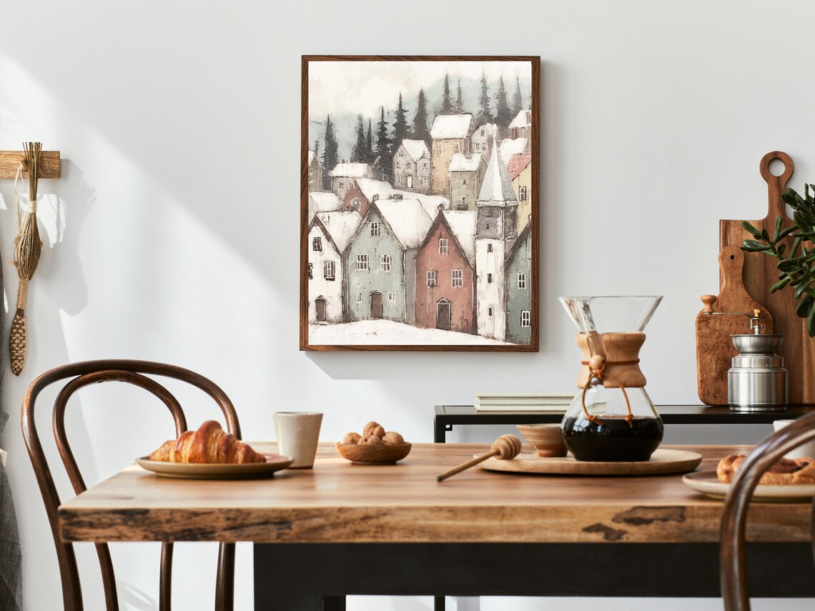 Snowy Old Town Street Colorful Houses Watercolor Winter Art Poster - Image 2